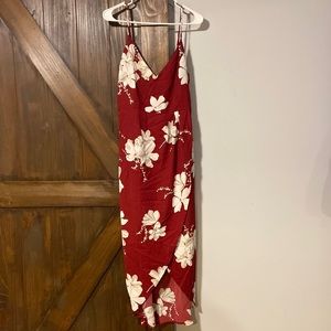 Red high low floral wedding guest dress